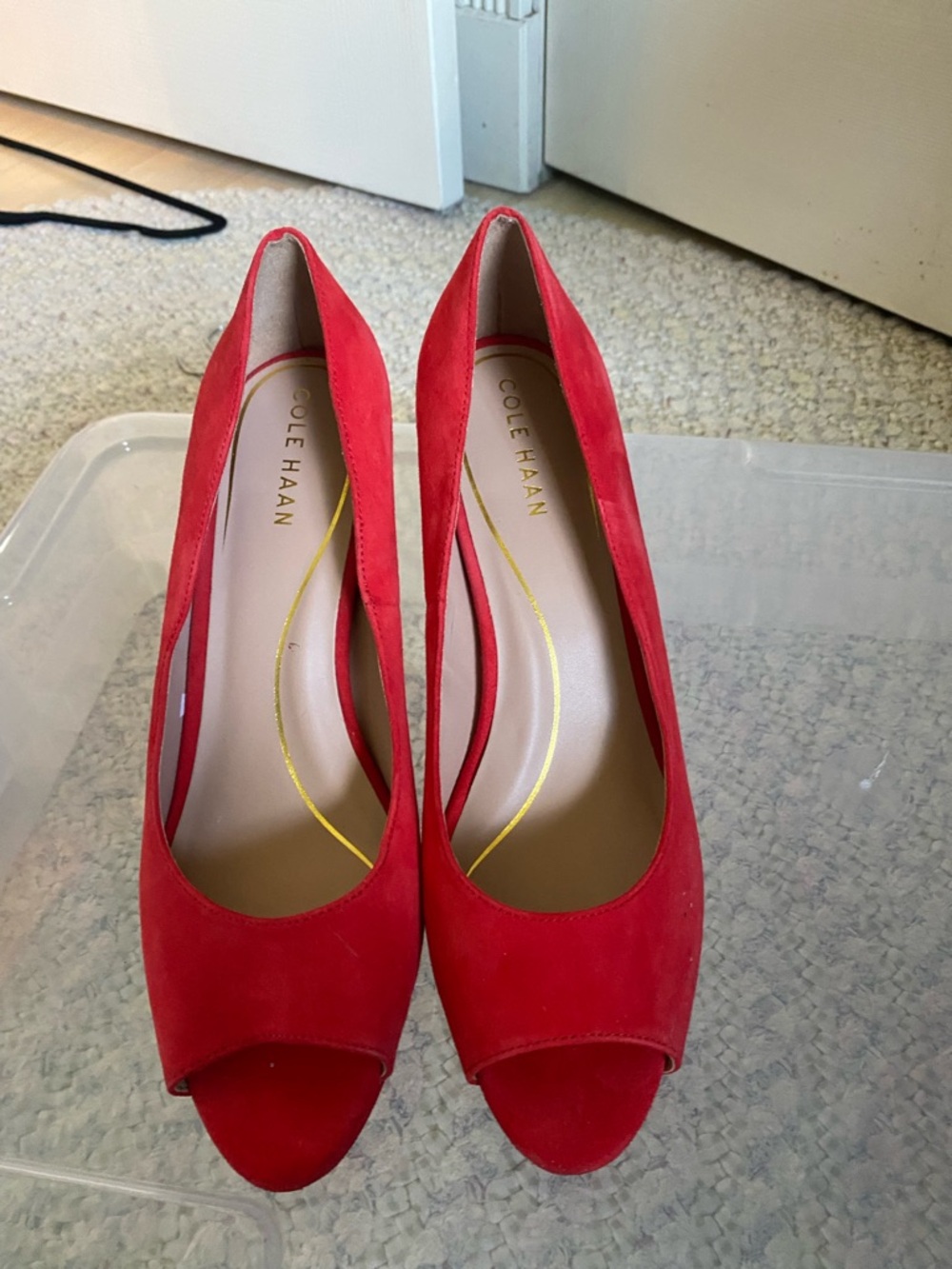 Cole Haan Red Suede Peep-Toe Heels